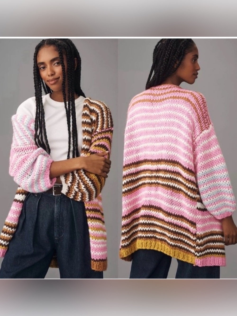 By Anthropologie Striped Open-Front Knit Cardigan Sweater - Pink Multi